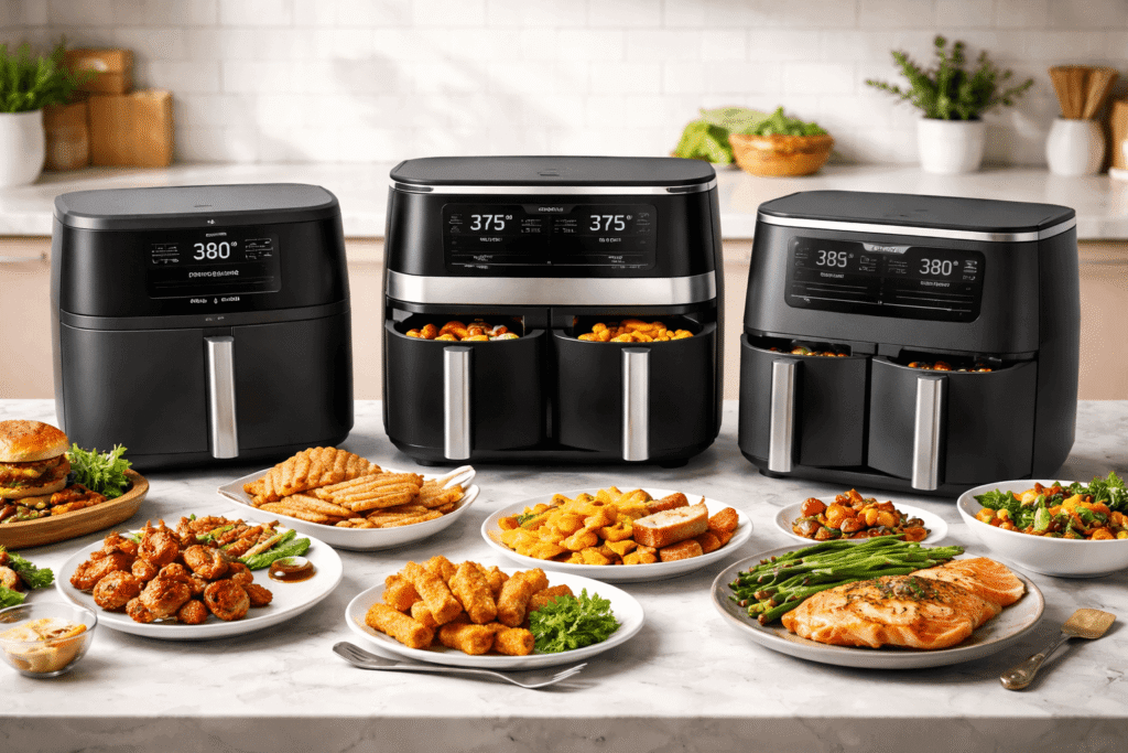 Three modern air fryers with cooked food on a kitchen counter (best air fryers of 2026)